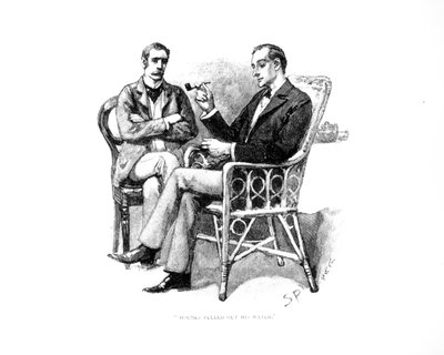 &39;福尔摩斯掏出他的手表&39;，来自亚瑟柯南道尔（1859-1930）的&39;希腊翻译&39;的插图，发表于1863年9月的&39;斯特兰德杂志&39; 作者 Sidney Paget