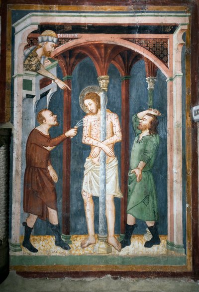 锡耶纳（Siena）学校鞭打的壁画。 14世纪。高级教堂。圣贝内代托修道院 作者 中华学校