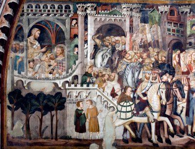View of the detail of a fresco decorating the Upper Church depicting the Montee at Calvary: on the left Jesus in front of Pontius Pilate. Realised by the school of Siena from the beginning of the 14th century. Monastery of Saint Benedetto (Sacro Speco), Su 作者 中华学校