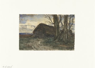 傍晚天空中树木附近的羊圈 作者 Sientje Mesdag van Houten
