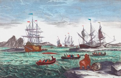 18 世纪格陵兰岛附近的捕鲸船队（雕刻） 作者 Sieuwert van der Meulen