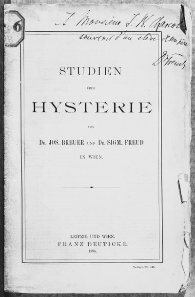 Josef Breuer（1842-1925）和弗洛伊德的“Studien uber Hysterie”的封面，致力于Jean Charcot（1867-1936）Leipzig和Wien，由Franz Deuticke出版，1895年 作者 西格蒙德·弗洛伊德