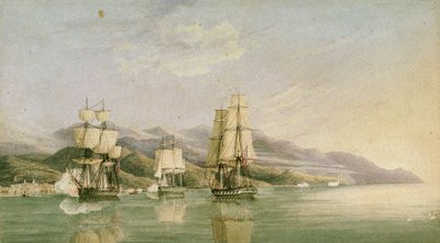 1812 年 6 月 27 日，18 艘法国商船在莱格雷里亚和阿拉西奥遇袭，19 世纪初（钢笔、墨水、石墨、水彩） 作者 Silas Thomson (attr.to) Hood