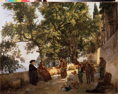 Une terrasse sur lerivage, pres de Sorrente（索伦托，意大利）（卡普钦僧侣在交谈，一个男人在给他的驴子装小桶） - A Terrace on a Seashore, Cappuccini near Sorrento - Sylvester Feodosiyevich Shchedrin（西尔维斯特-费奥多西耶维奇-什切林）的画作 作者 西尔维斯特·费多西耶维奇·谢德林