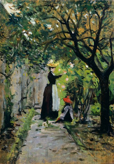 在玫瑰园，由Silvestro Lega (1826-1895)创作，油画板，36.5x25.5厘米 作者 西尔维斯特雷·莱加
