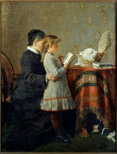阅读课。一名护士在学习阅读一个小女孩。画家：Silvestro Lega (1826-1895) Ec.意大利 作者 西尔维斯特雷·莱加