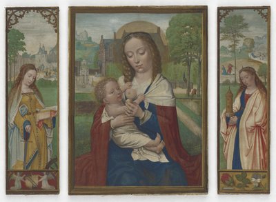 处女与儿童; Saints Catherine和Barbara，c.1520（牛皮纸上的蛋彩画） 作者 西蒙·贝宁