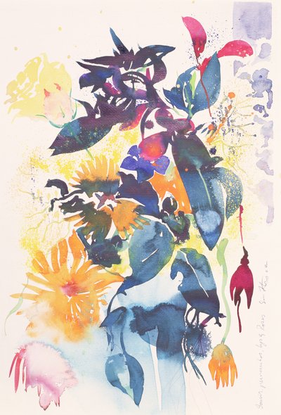 金盏花、长春花、百合、玫瑰，2002 年（水彩画） 作者 西蒙·弗莱彻
