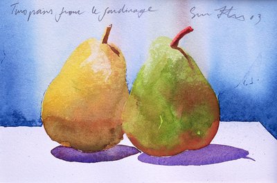 花园里的两个梨，2003 年（纸上水彩画） 作者 西蒙·弗莱彻