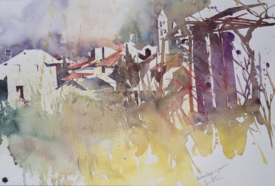 冬季村庄和草地，法国，2008 年（水彩画） 作者 西蒙·弗莱彻