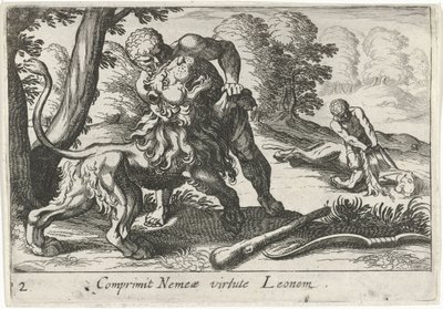 赫拉克勒斯与尼米亚狮子搏斗
Comprimit Nemeae virtute Leonem（物品上的标题）
大力士主题（系列标题） 作者 安东尼奥·坦佩斯塔
