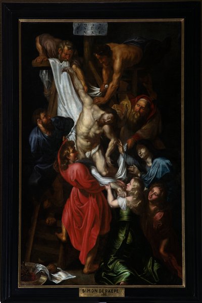 Parish church (Parochiekerk Sint-Pieter). Painting. Descent of the Cross. Simon De Paepe (?).   1409405   zh       chinese Successfully Translated  Original: The Fool Who Trusts His Powers Too Much Translat: The Fool Who Trusts His Powers Too Much 1430551  作者 西蒙二世教皇