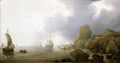 岩石海湾浅水中的小船，浪漫而理想化的景象。木板油画，作者西蒙-德-弗利格（1600-1653 年）。 作者 西蒙·雅各布斯（Simon Jacobsz）。弗利格