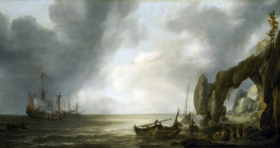 荷兰战舰停靠在岩石海岸，几名船员上岸，围着渔篓 作者 西蒙·雅各布斯（Simon Jacobsz）。弗利格