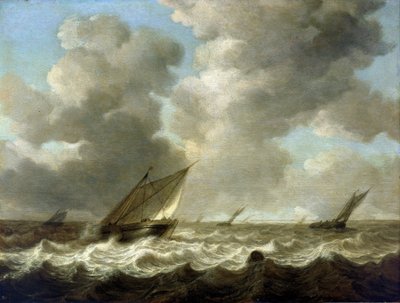 渔船在波涛汹涌的海面上行驶，天际线上可见荷兰海岸。木板油画 作者 西蒙·雅各布斯（Simon Jacobsz）。弗利格