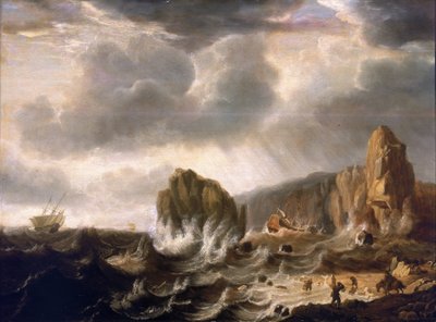 岩石海岸上的海难。木板油画 作者 西蒙·雅各布斯（Simon Jacobsz）。弗利格