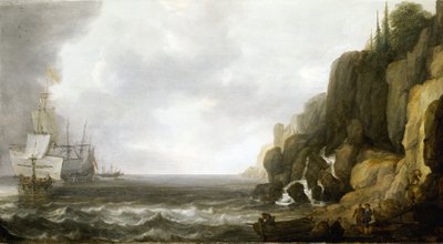 为停泊在岩石海岸的荷兰战舰中队提供补给，几名水手在海滩上聚在一起 作者 西蒙·雅各布斯（Simon Jacobsz）。弗利格