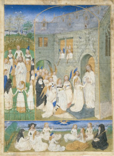 进入天堂之门时，由基督迎接的圣女贞德，约。 1467-70。 作者 西蒙·马里翁（Simon Marmion）