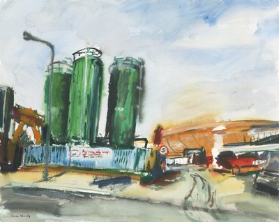 建筑区和煤气罐（纸上水彩和水粉画） 作者 西蒙·内维尔