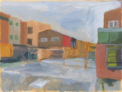 前院和建筑，2025 年（丙烯酸画板） 作者 西蒙·内维尔