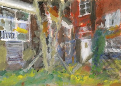 电话交换大楼，带树和链条栅栏，2023 年（纸上丙烯酸颜料） 作者 西蒙·内维尔