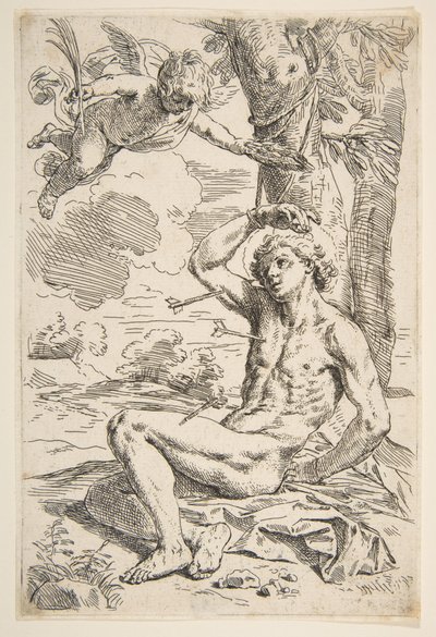 圣塞瓦斯蒂安（Saint Sebastian）扎着箭，绑在一棵树上。 1639。 作者 西蒙妮·坎塔里尼