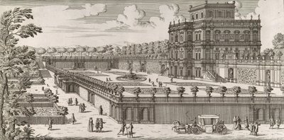 潘菲利宫的侧门和花园的景色 Secondo prospetto pe...，1677年后。 作者 西蒙妮·费利斯