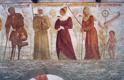 Death with the lame man, the nun, the young woman, the old woman and the child, detail from The Dance of Death 作者 西蒙娜二世·巴舍尼斯