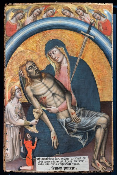 西蒙娜·德·克罗西菲西 (Simone dei Crocifissi) 与客户约翰内斯·德·埃尔辛尔 (Iohannes de Elthinl) 一起哀悼死去的基督，c. 1368. 圣母被描绘为悲伤圣母，她的心中插着一把剑。 作者 西蒙妮·德·克罗菲西