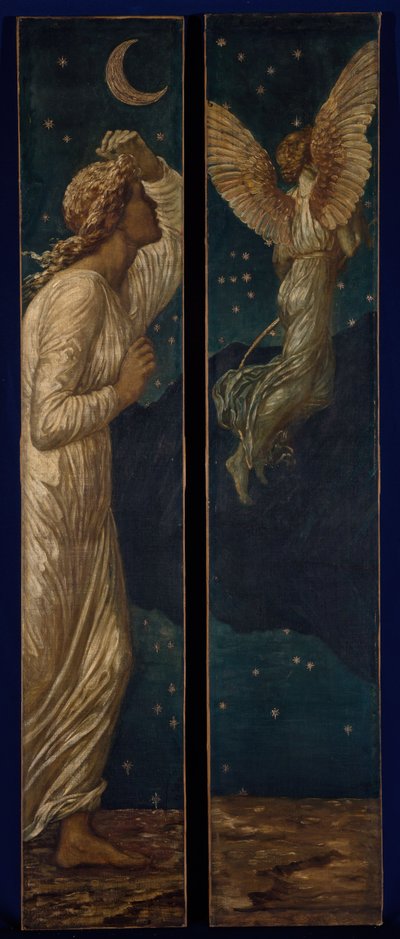 丘比特和赛琪 - 宫廷绿色壁画 - 丘比特飞离赛琪，1881年。   作者 爱德华·科利·伯恩·琼斯爵士