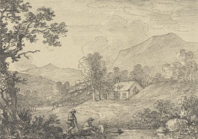 池塘边的两个人物和丘陵景观中的教堂 作者 George Howland Beaumont 爵士第七世男爵