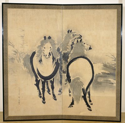 马，日本，江户时代，公元18世纪（墨水在纸上）（其中一对）（另见121397） 作者 曾我翔博