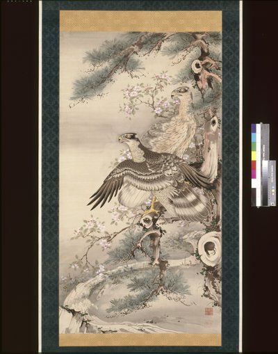 一对带花枝的鹰（绢本水墨、彩色、金色） 作者 曾我翔博