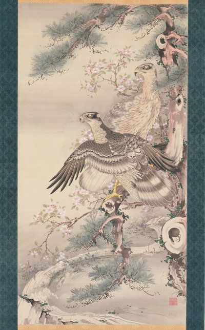 鹰枝花一对（绢本水墨设色金） 作者 曾我翔博