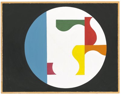 在黑色背景上的白色圆圈组成 作者 Sophie Taeuber Arp
