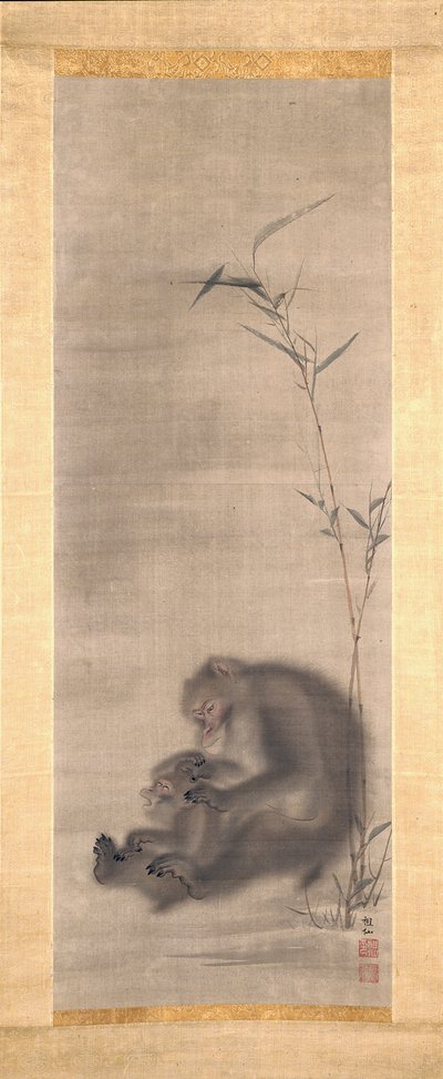 竹子附近的猴子梳理后代（丝绸上的墨水和颜色） 作者 森草仙
