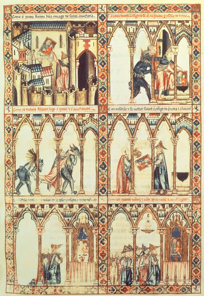 102-0002738 T.I.I. Cantiga 34，来自“Cantigas de Santa Maria”的插图，在卡斯蒂利亚和莱昂国王阿方索十世（“智者”）（1221-84 年）的指导下制作（牛皮纸）（另见 68647） 作者 西班牙语学校