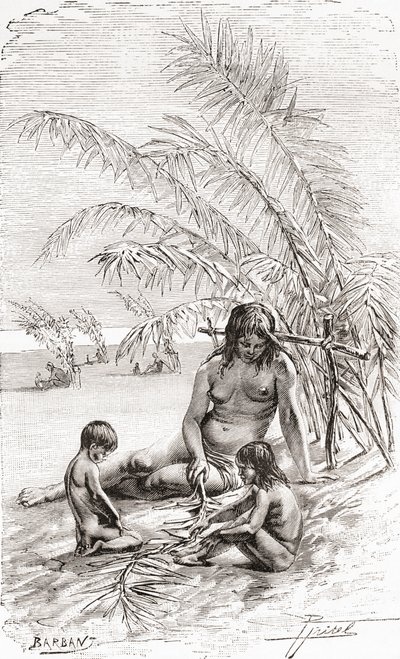 在厄瓜多尔纳波河旁边的沙洲上，一家Sápara当地人 作者 西班牙语学校