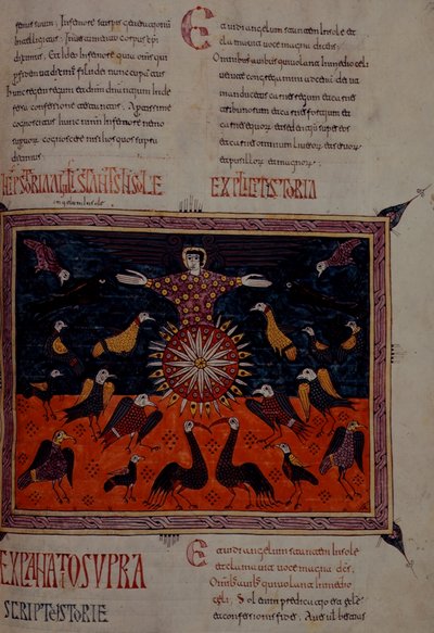 Add 11695 fol.197 一位站在阳光下的天使，出自圣多明戈德西洛斯的《贝亚图斯启示录 作者 西班牙语学校