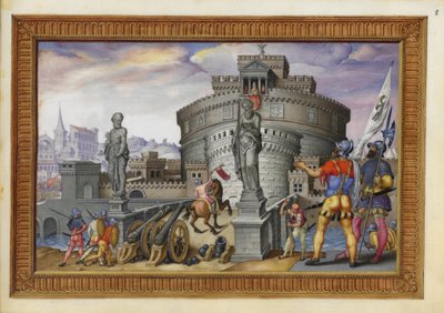 添加 33733 f.8 《查理五世的胜利》插图，约 1556-75 年（羊皮纸上的钢笔、墨水和水彩）。 作者 西班牙语学校