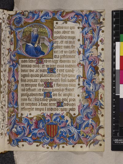 添加 MS 28962 f.82r 首字母 "B"，描绘大卫王，诗篇 I，选自 "诗篇和时辰，多明我会用 "或 "阿拉贡的阿尔方索五世祈祷书"，约 1436-43 年（牛皮纸上的墨水、彩色和金色）。 作者 西班牙语学校