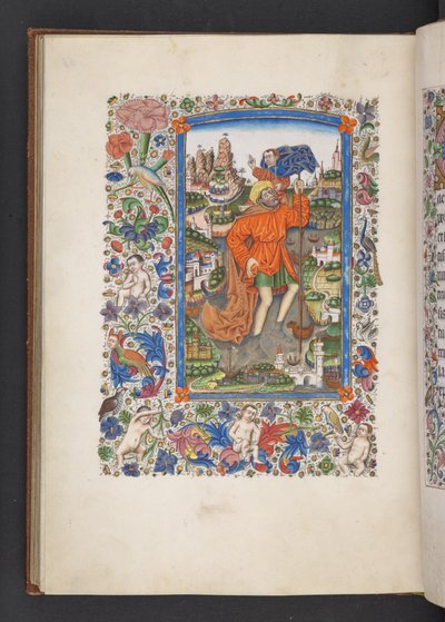 添加 MS 50004 f.64v 圣克里斯托弗怀抱圣婴，"时辰表"（牛皮纸上的墨水、彩色和金色）。 作者 西班牙语学校
