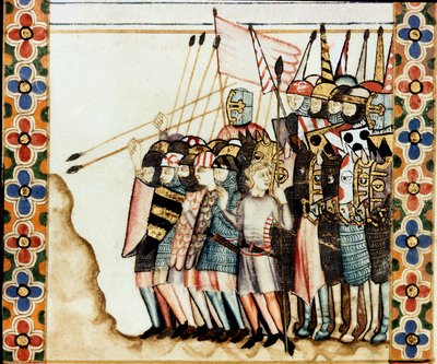 Armee des croises 从《圣玛丽之歌》（Cantigas de Santa Maria）的手稿中截取的一页细节，该手稿是专门为圣玛丽和她的奇迹而装饰的微型画，是阿方索十世（1221-1284）执政时重新制作的歌曲集。 作者 西班牙语学校