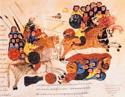 希伯来人和非利士人之间的战斗，来自圣伊西多尔的Visigothic-Mozarabic圣经，公元960年，公元960年（牛皮纸上的蛋彩画） 作者 西班牙语学校