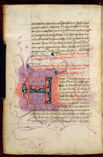 伯尼 252 号，第 4v 页，谜语首字母 "A"（nneus），位于 Pseudo-Seneca 的《致保罗书信集》（牛皮纸）西班牙文译本的开头。 作者 西班牙语学校
