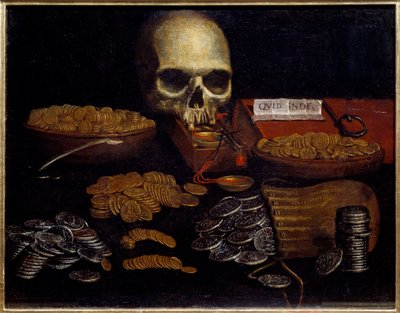 Coin Vanity Allegory of passing time and death, wealth and human pleasures. Painting of the Spanish School. 17th century Rouen, Museum of Fine Arts 作者 西班牙语学校