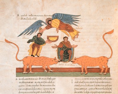 丹尼尔在狮子山，来自圣伊西多尔的Visigothic-Mozarabic圣经，fol.325v。，公元960年（牛皮纸上的蛋彩画） 作者 西班牙语学校