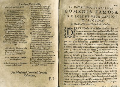 ESPINEL，Vicente（1550-1624 年）。西班牙音乐家和古典诗人；维加-卡尔皮奥，费利克斯-洛佩-德（1562-1635 年）。"El cavallero de Yllescas》，收录于《Parte catorze de las comedias de Lope de Vega》中的喜剧，由费尔南的遗孀在马德里出版。 作者 西班牙语学校