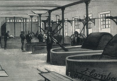 Economy (19th century). Paper Factory in Spain “" La Guipuzcoana "”. Cylinder room and launderer of the factory located in Tolosa (Guipuzcoa). engraving 作者 西班牙语学校