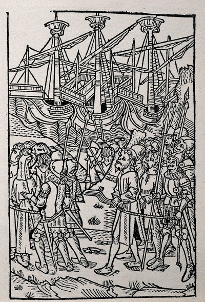 《维斯帕先历史》版画，1495 年在萨拉戈萨印刷（黑白插图） 作者 Spanish School